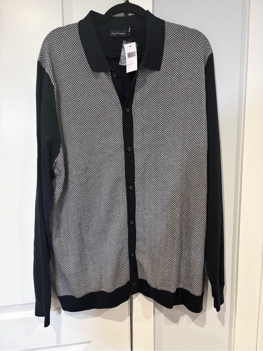 Paul Fredrick Black and White Herringbone Button-Front Cardigan